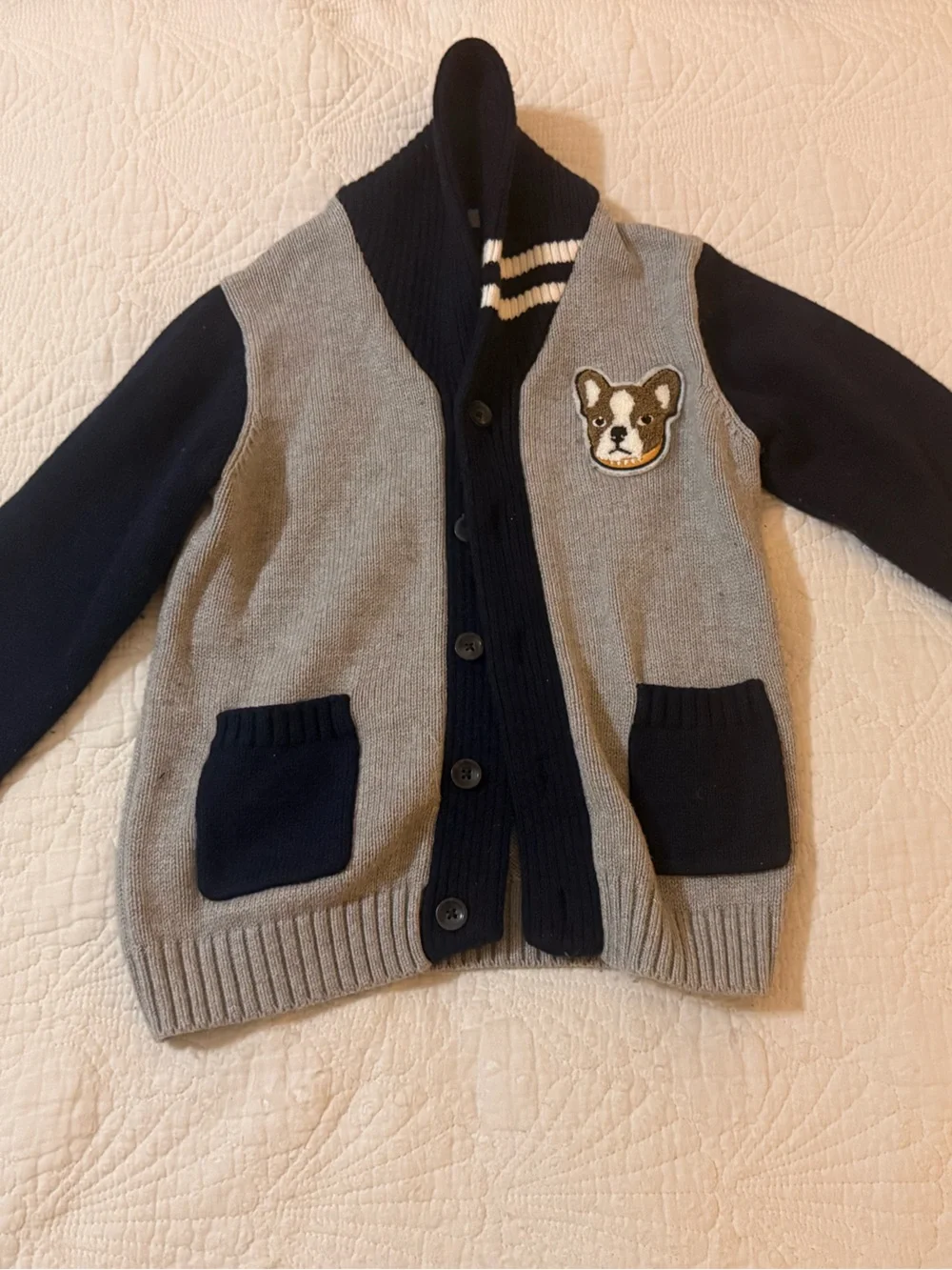 Janie and Jack Gray and Navy Knit Button-Front Cardigan with Puppy Patch